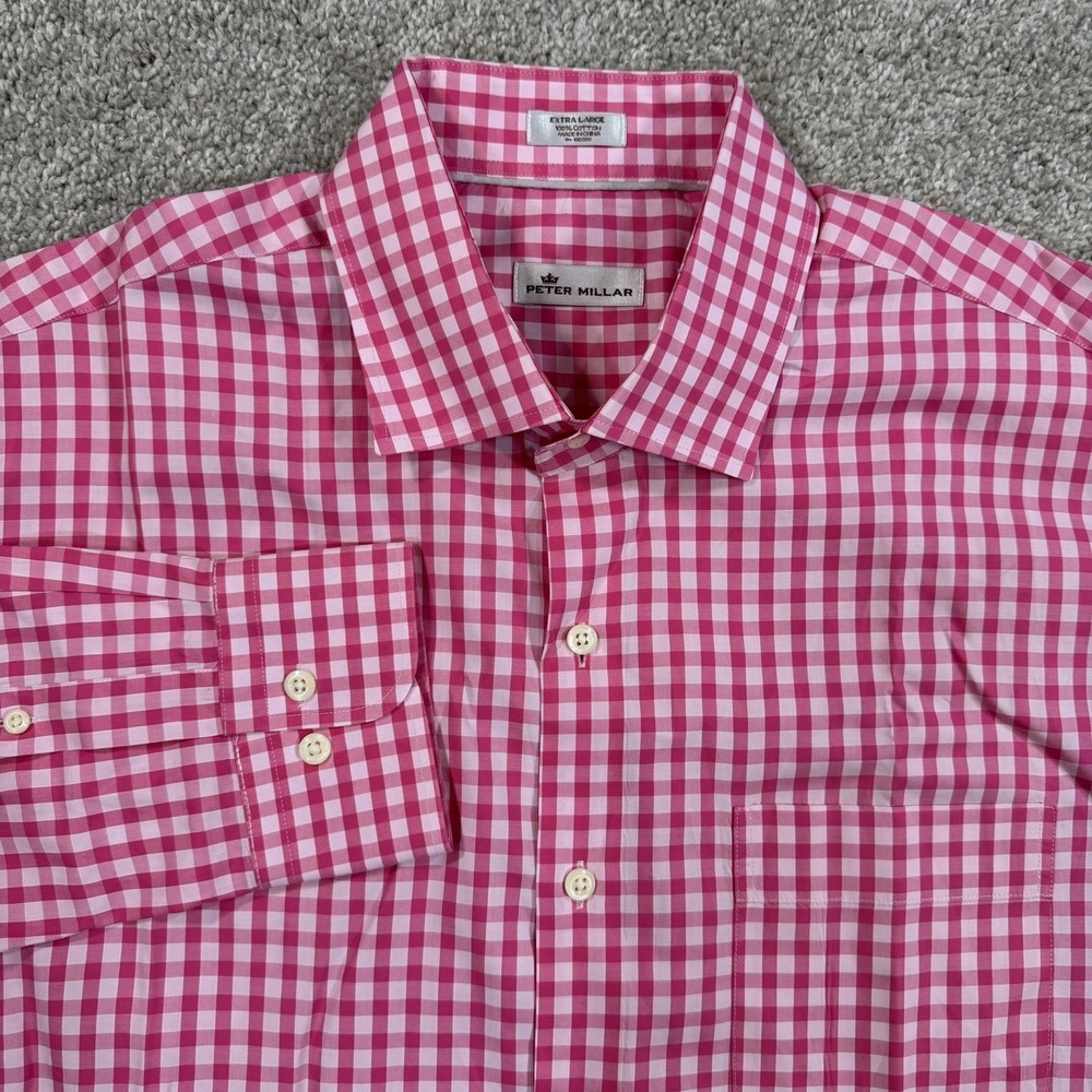 Peter Millar Button Down Shirt XL Pink Gingham Check‎ Cotton Classic Preppy